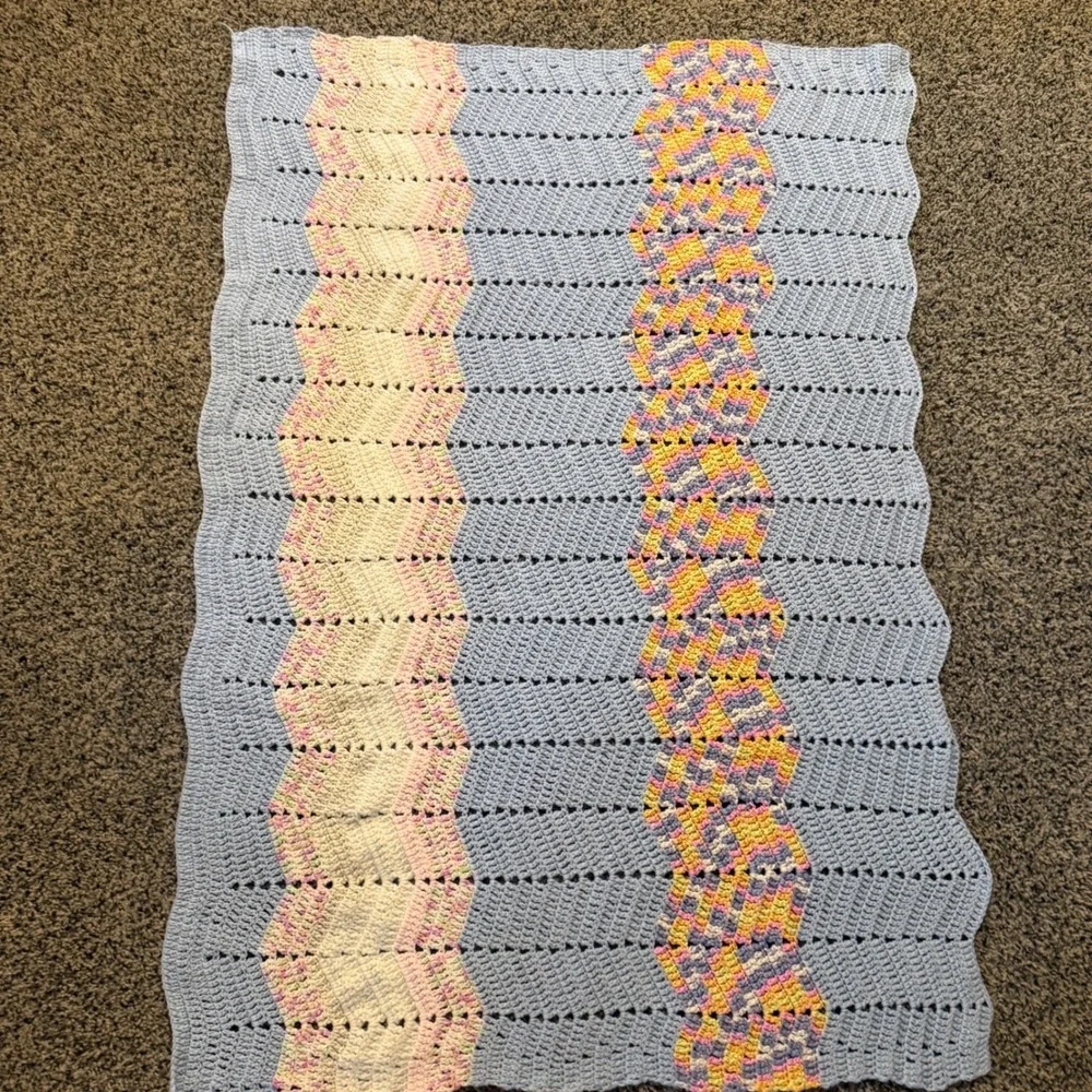 Handmade Crochet Baby Blanket Pastel Blue Pink Chevron Ripple Afghan Throw 48x32